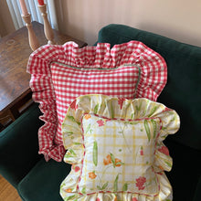 Load image into Gallery viewer, GRETA GINGHAM LARGE SQUARE CUSHION, GRAPEFRUIT &amp; GREEN
