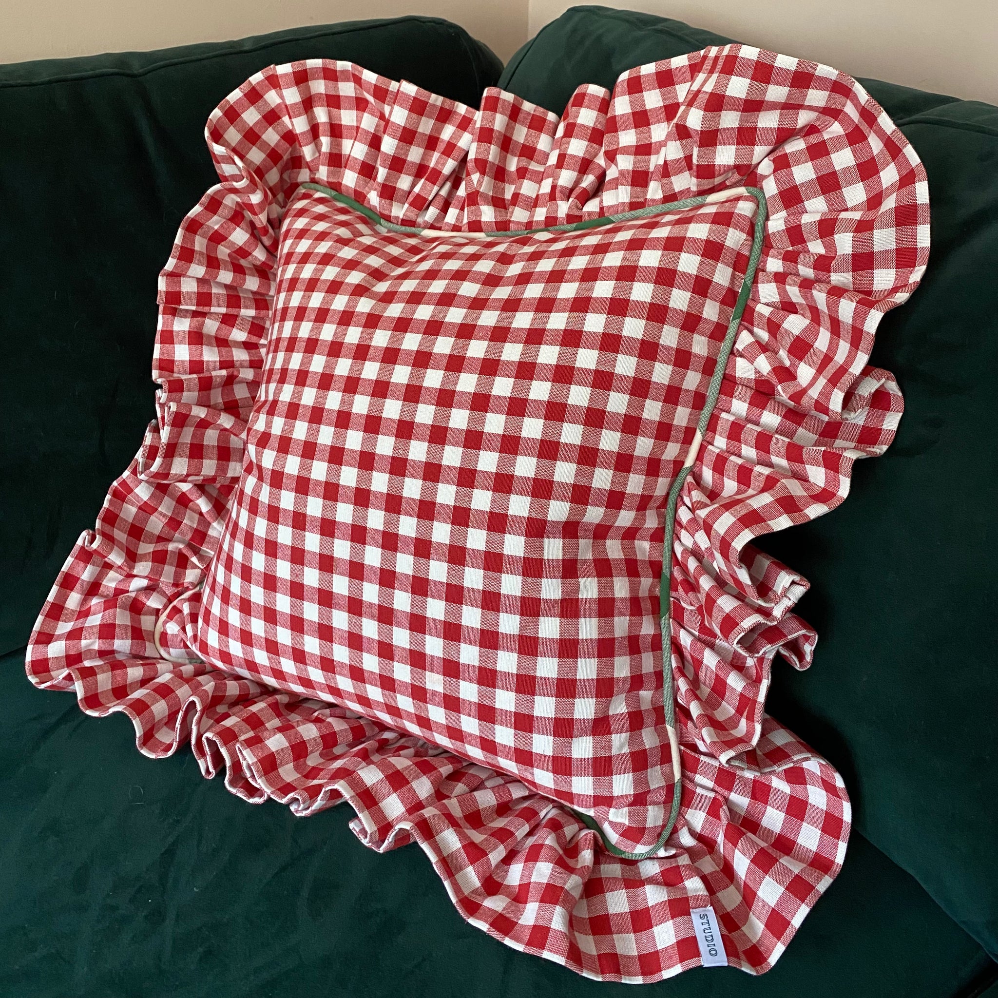 MOIRA GINGHAM LARGE SQUARE CUSHION RED GREEN STUDIO SPARKS